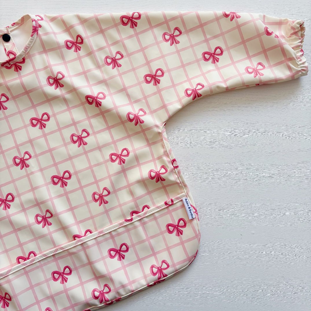 Long Sleeved Baby Bib - Pink Bow - Edie And I