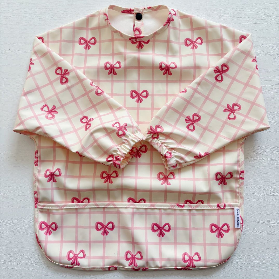 Long Sleeved Baby Bib - Pink Bow - Edie And I