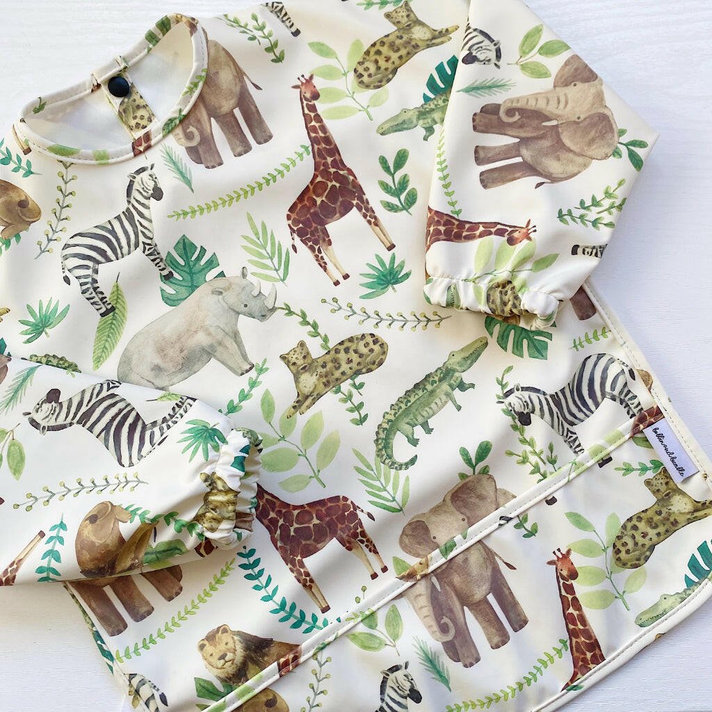 Long Sleeved Baby Bib - Safari Animals - Edie And I