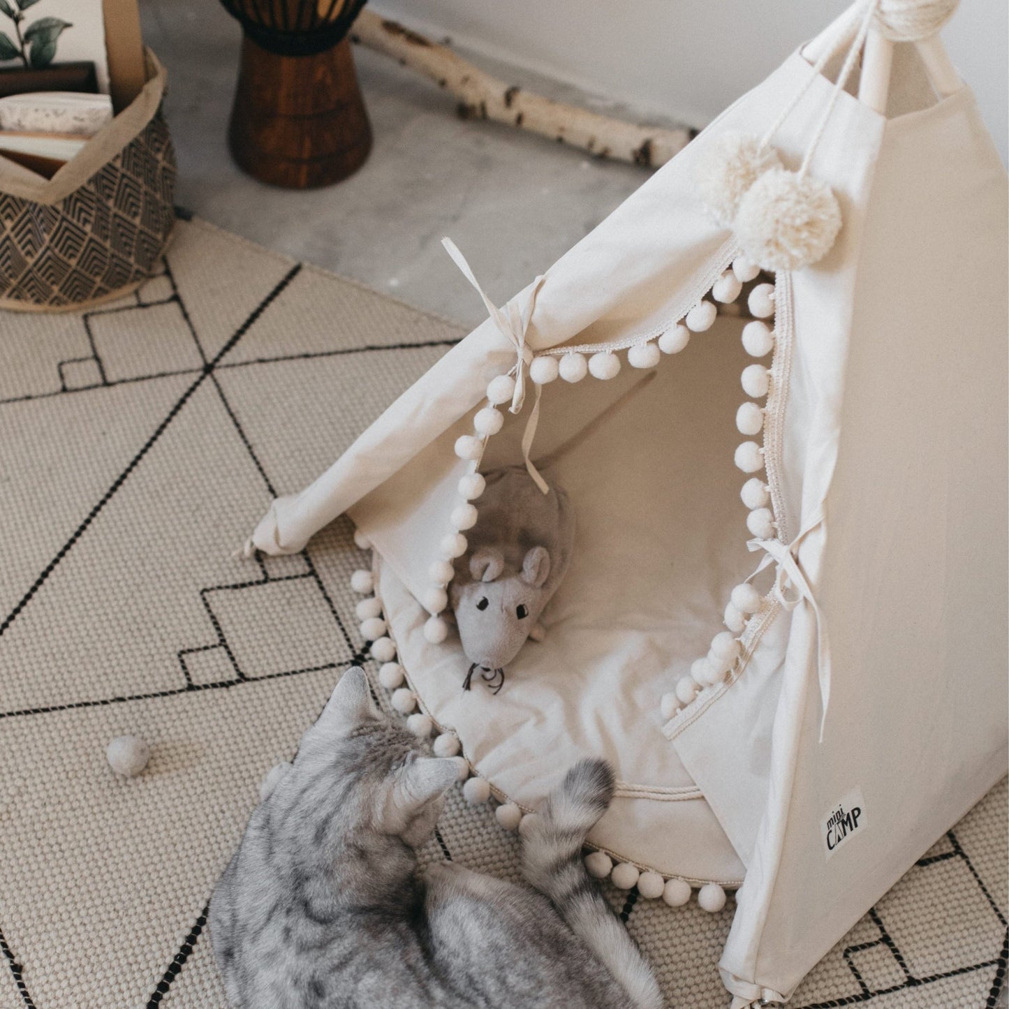 MINICAMP Cat Teepee & Small Dog Tent in Ecru With Pompoms – Size S - Edie And I