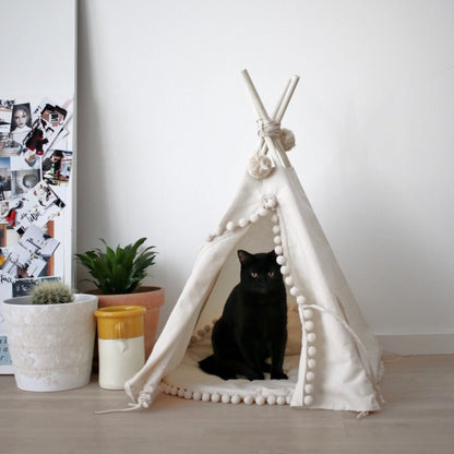 MINICAMP Cat Teepee & Small Dog Tent in Ecru With Pompoms – Size S - Edie And I