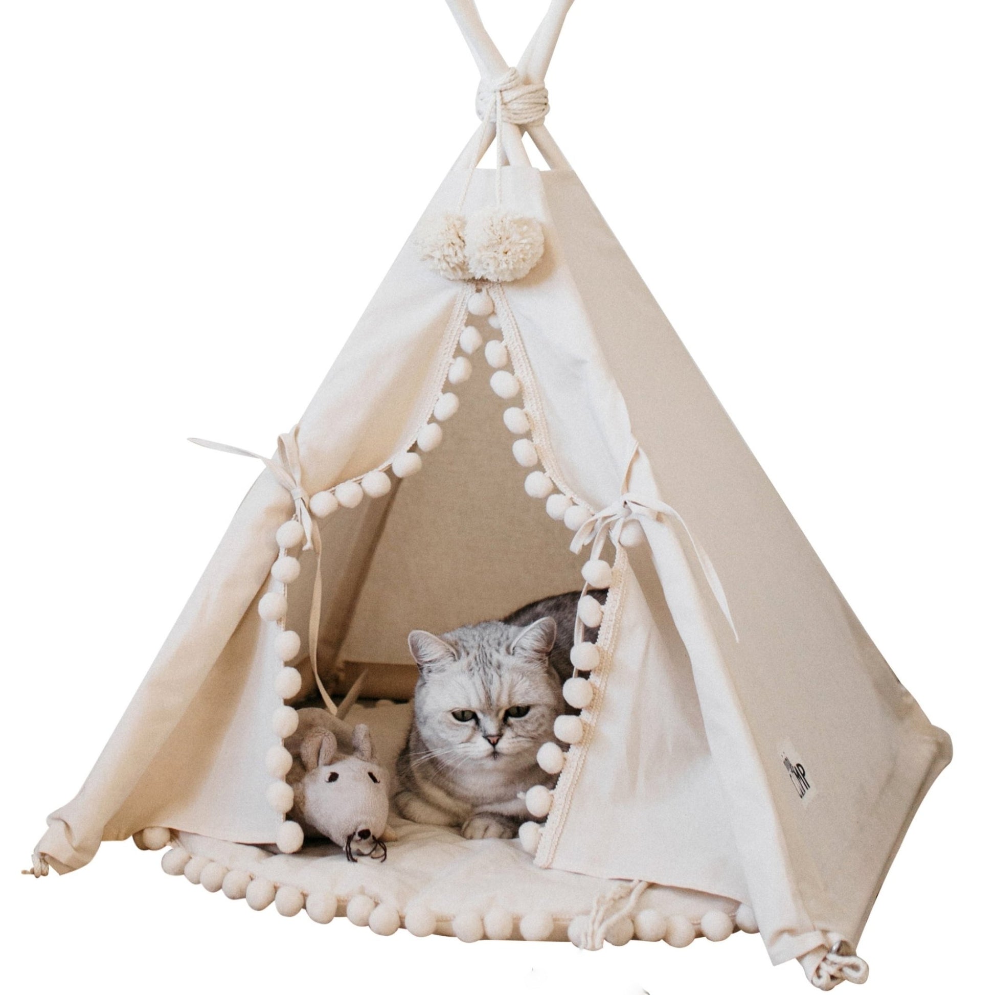 MINICAMP Cat Teepee & Small Dog Tent in Ecru With Pompoms – Size S - Edie And I