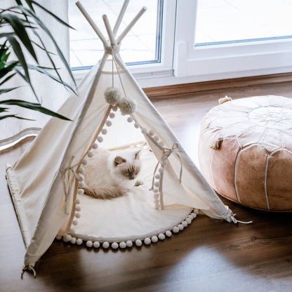 MINICAMP Dog Teepee & Large Cat Tent in Ecru With Pompoms – Size M - Edie And I