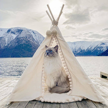 MINICAMP Dog Teepee & Large Cat Tent in Ecru With Pompoms – Size M - Edie And I