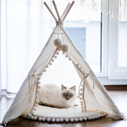 MINICAMP Dog Teepee & Large Cat Tent in Ecru With Pompoms – Size M - Edie And I