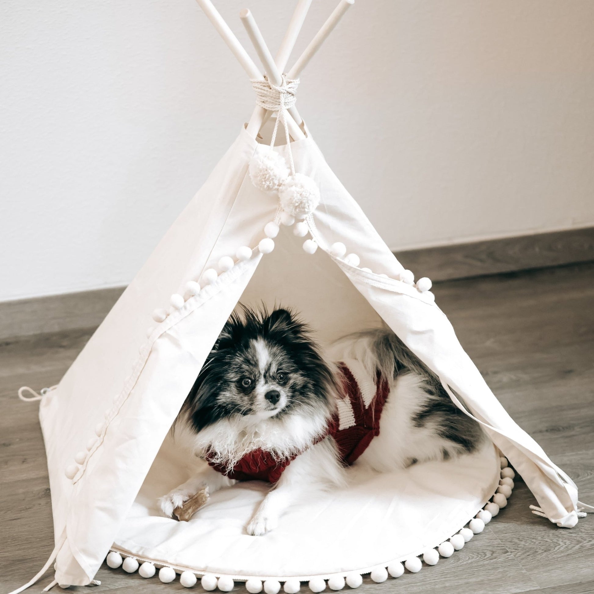 MINICAMP Dog Teepee & Large Cat Tent in Ecru With Pompoms – Size M - Edie And I