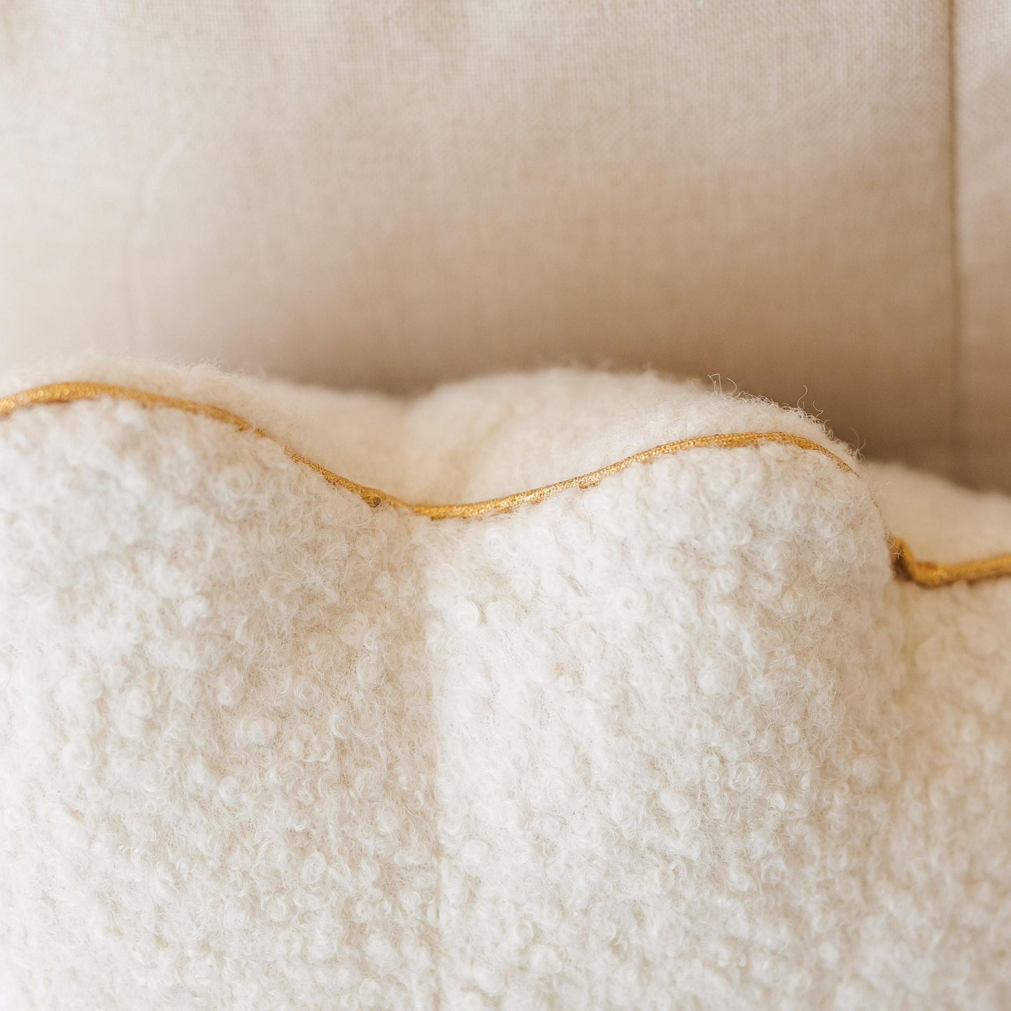 MINICAMP Ecru Boucle Seashell Cushion With Chic Golden Trim - Edie And I