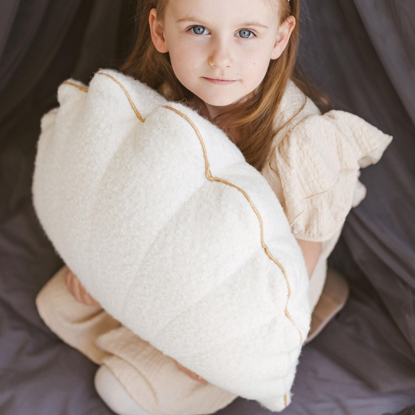 MINICAMP Ecru Boucle Seashell Cushion With Chic Golden Trim - Edie And I