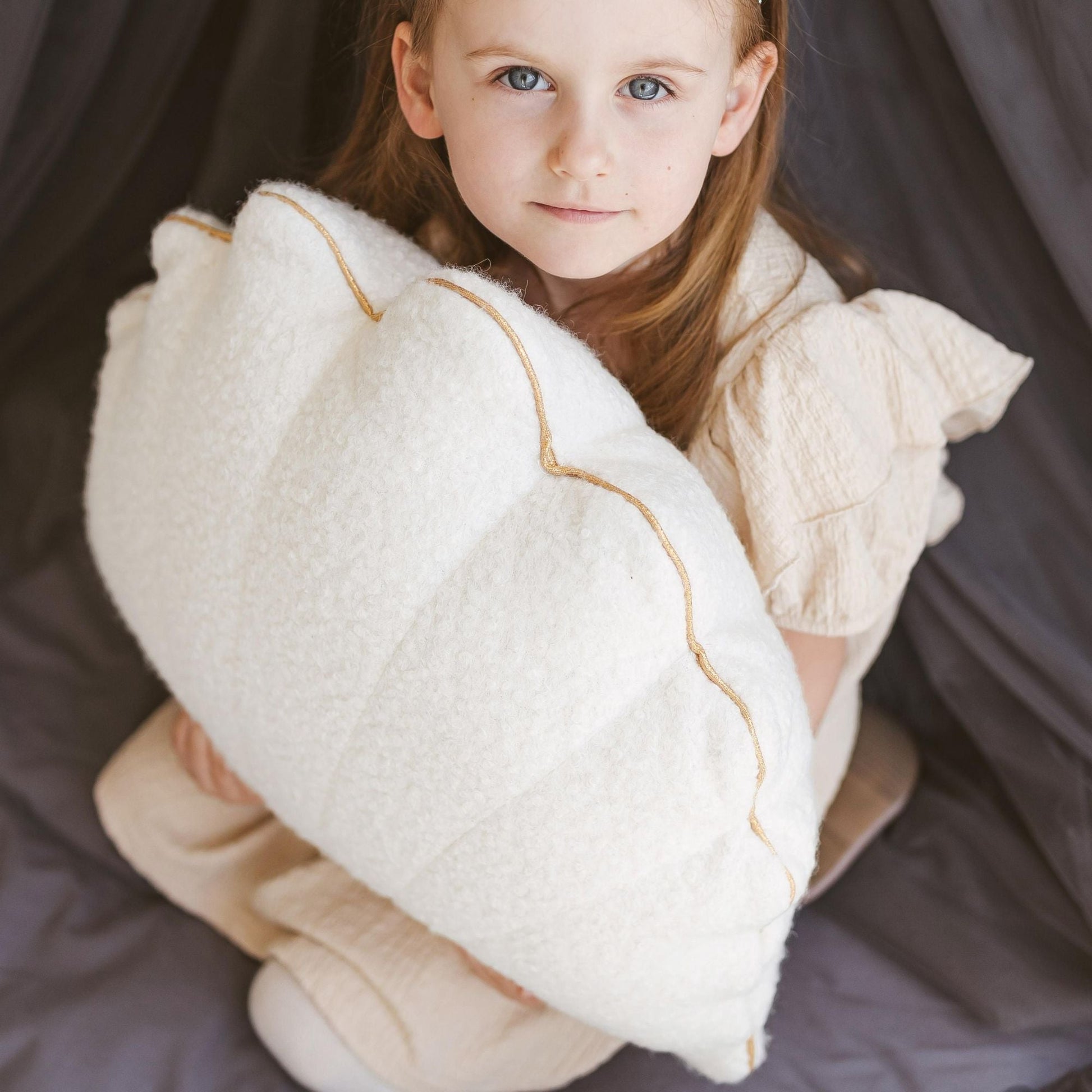 MINICAMP Ecru Boucle Seashell Cushion With Chic Golden Trim - Edie And I