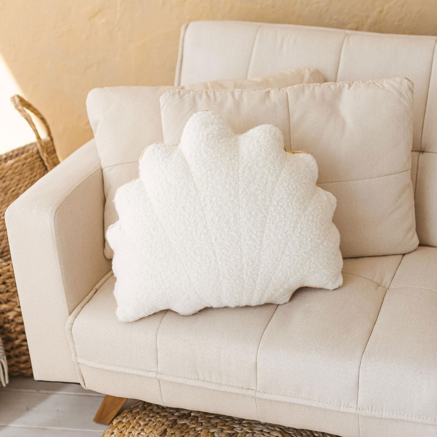 MINICAMP Ecru Boucle Seashell Cushion With Chic Golden Trim - Edie And I
