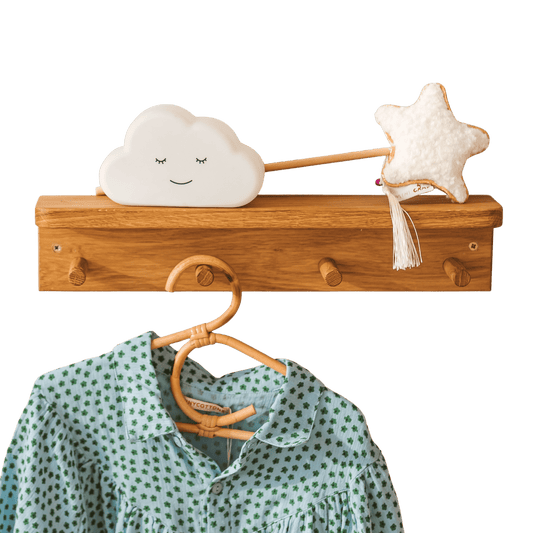 MINICAMP Floating Kids Bookshelf With Coat Hooks Made of Solid Oak - Edie And I