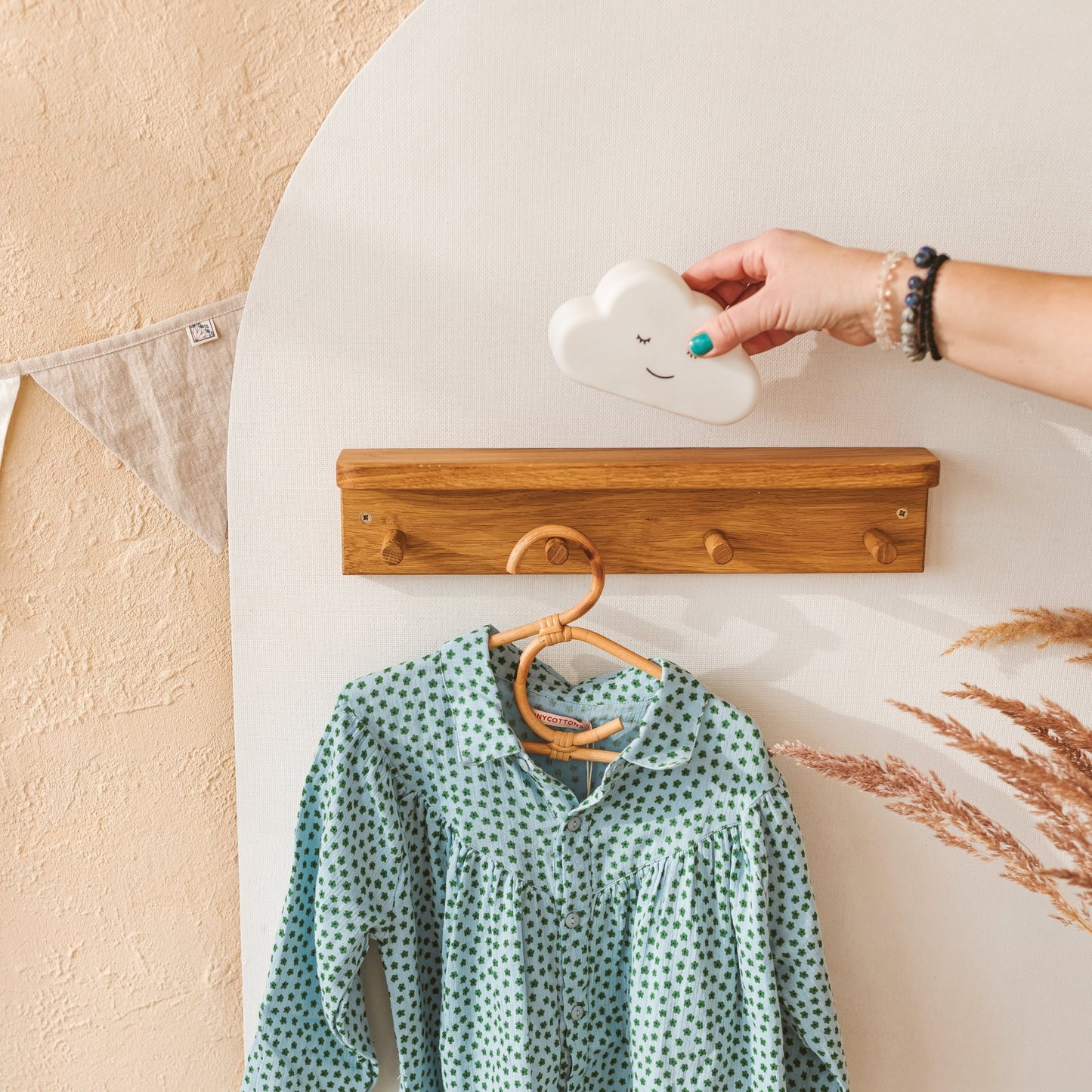 MINICAMP Floating Kids Bookshelf With Coat Hooks Made of Solid Oak - Edie And I