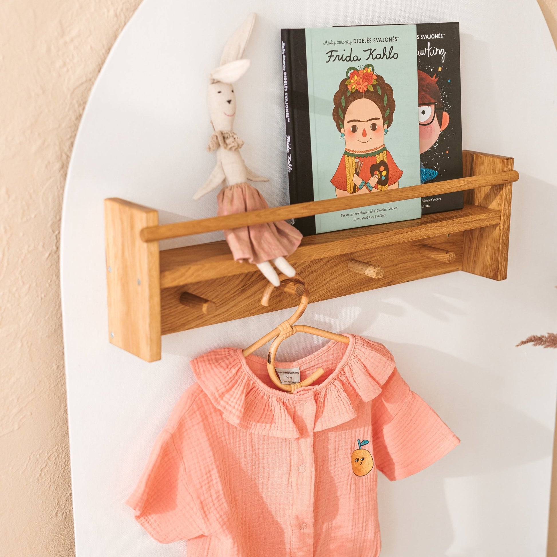 MINICAMP Floating Kids Bookshelf With Coat Hooks Made of Solid Oak - Edie And I