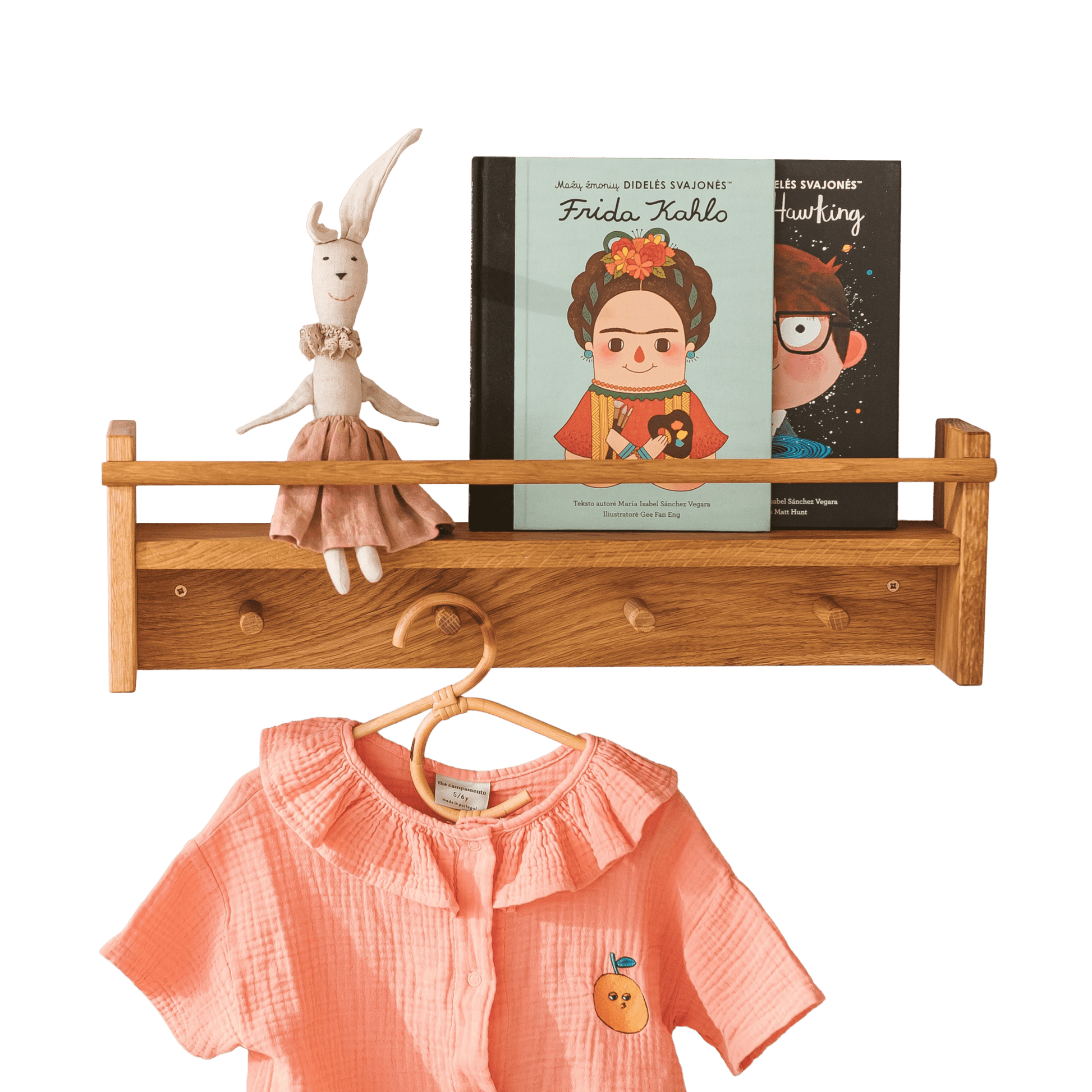 MINICAMP Floating Kids Bookshelf With Coat Hooks Made of Solid Oak - Edie And I