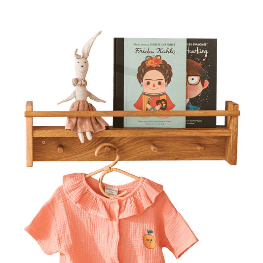 MINICAMP Floating Kids Bookshelf With Coat Hooks Made of Solid Oak - Edie And I