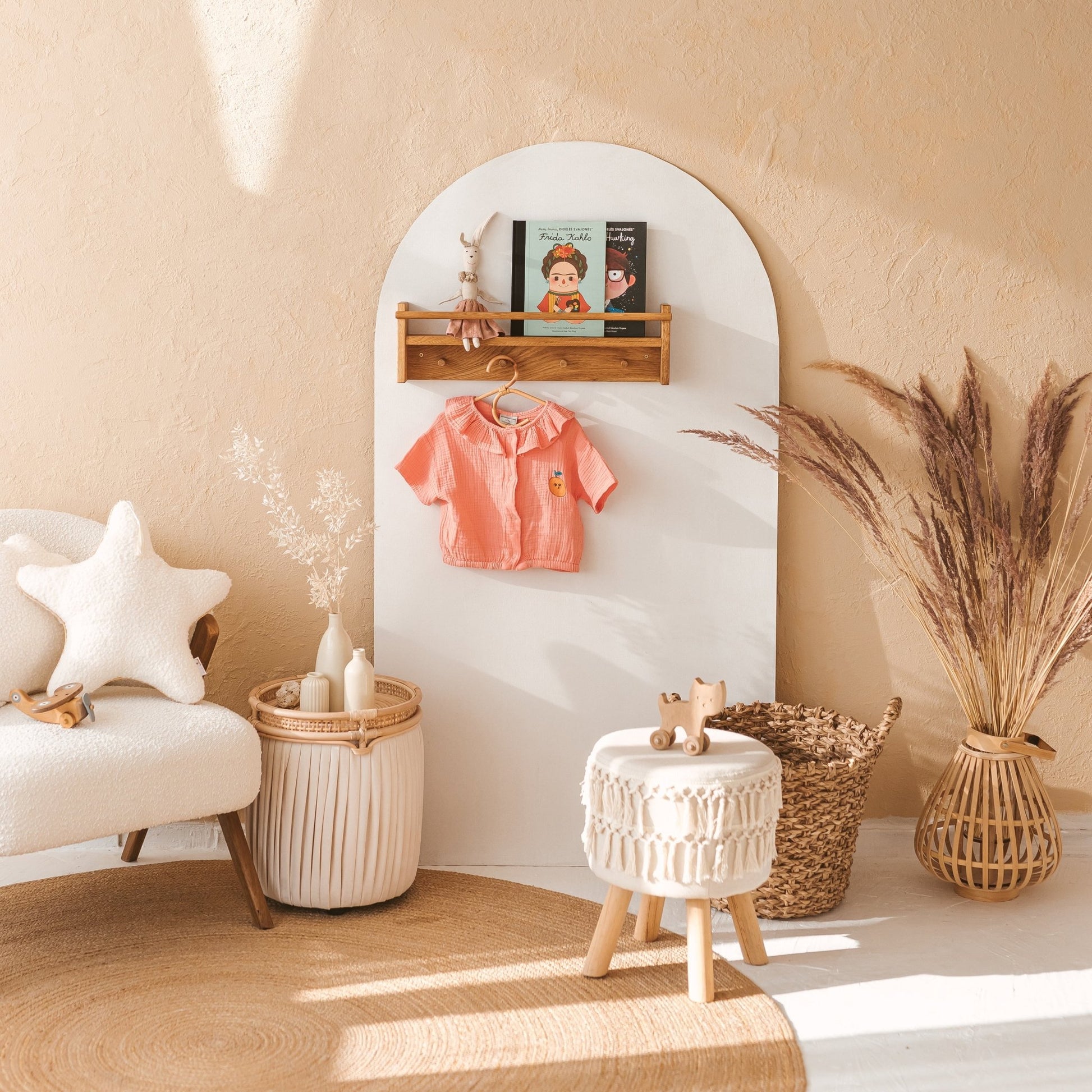 MINICAMP Floating Kids Bookshelf With Coat Hooks Made of Solid Oak - Edie And I