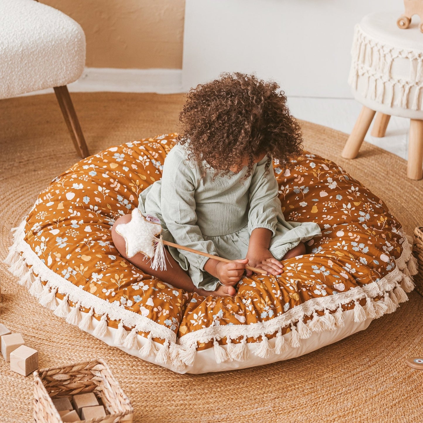 MINICAMP Kids Floor Cushion Seating Pouffe in Plant Pattern - Edie And I