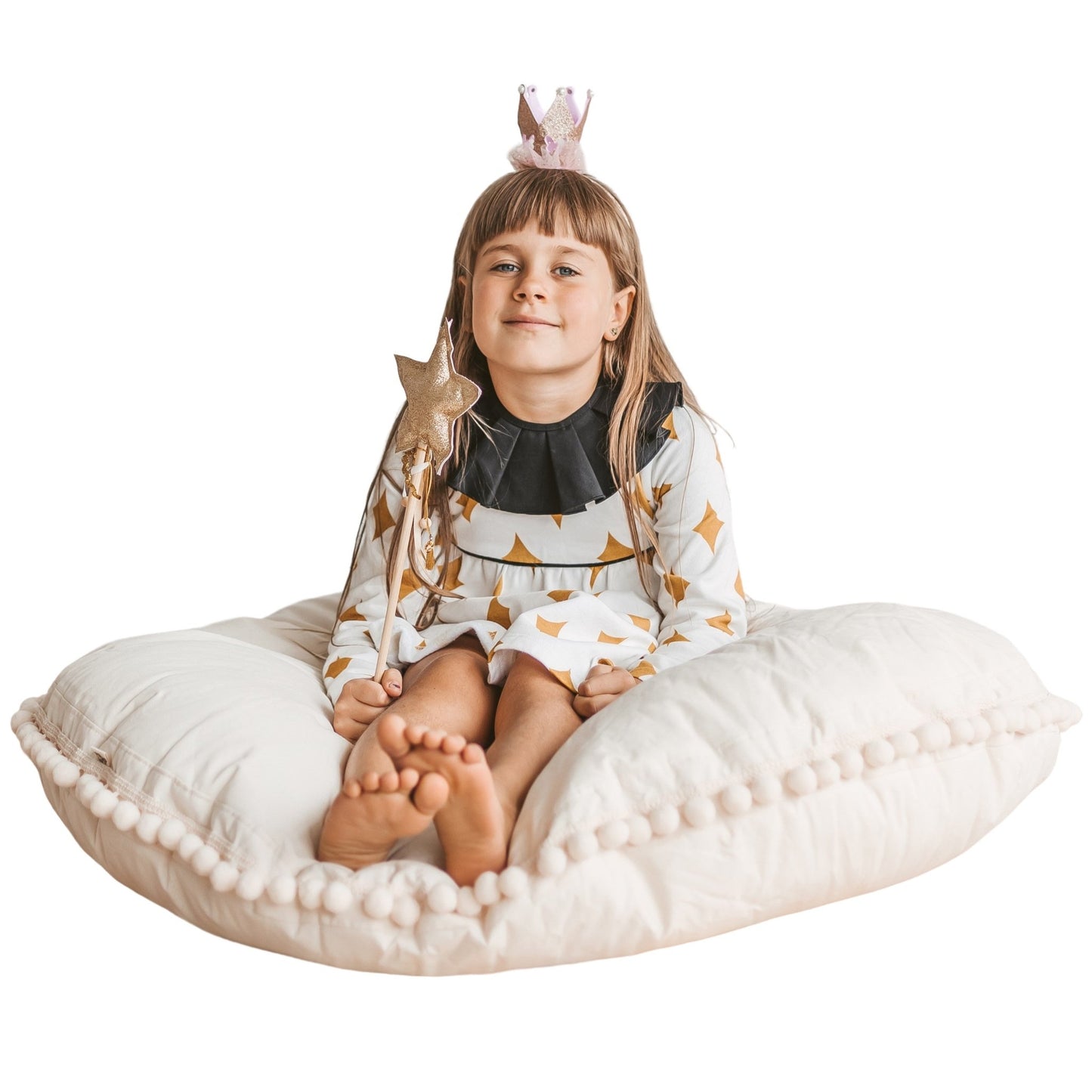 MINICAMP Large Floor Cushion With Pom Poms in Ecru - Edie And I