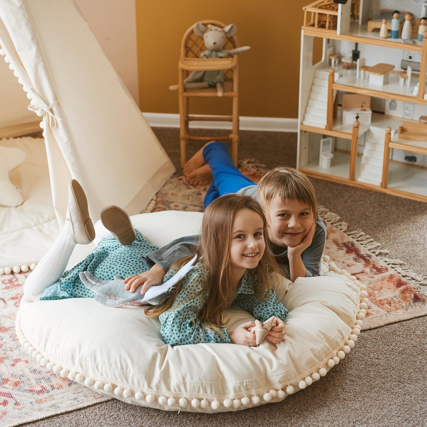 MINICAMP Large Floor Cushion With Pom Poms in Ecru - Edie And I