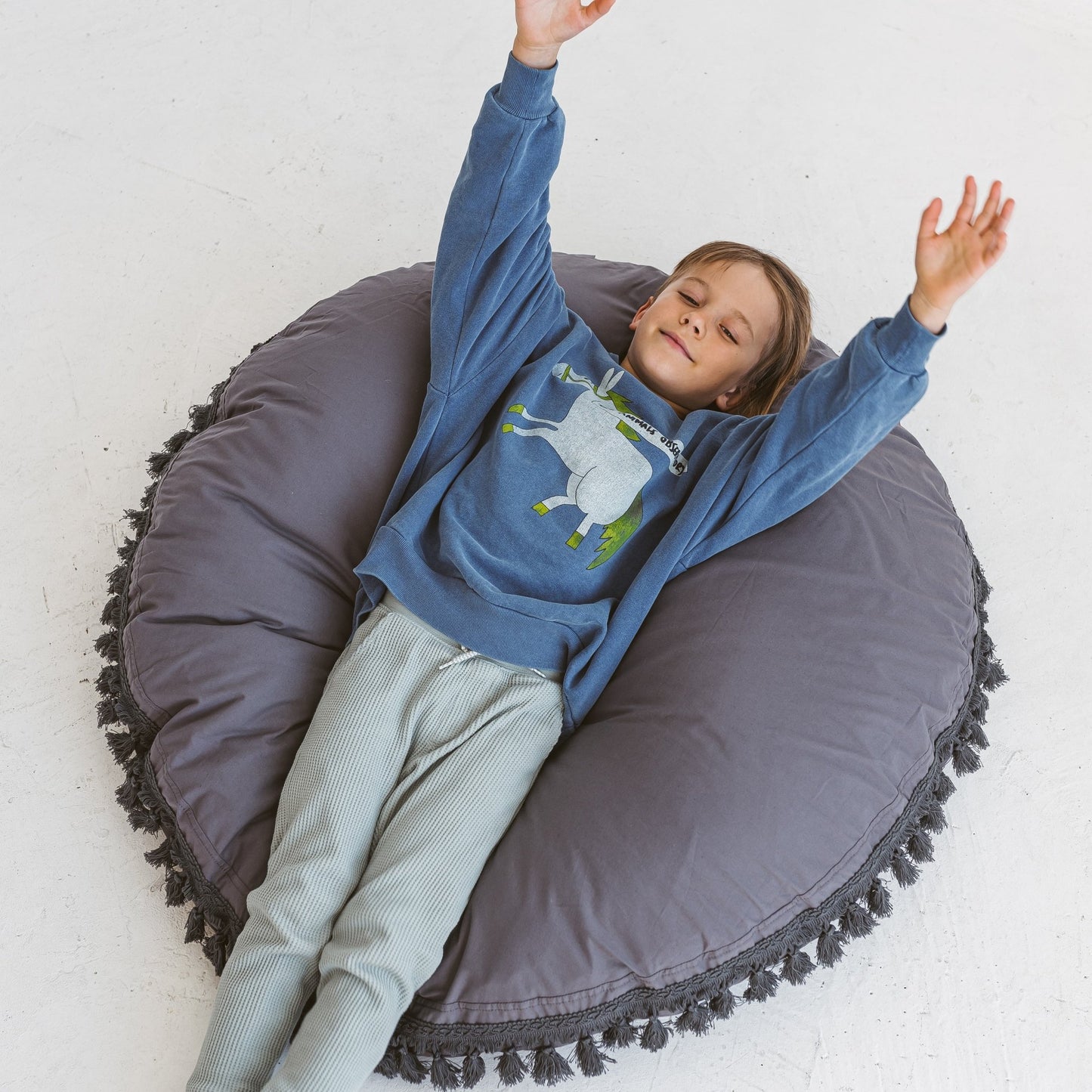 MINICAMP Large Floor Cushion With Tassels in Grey - Edie And I