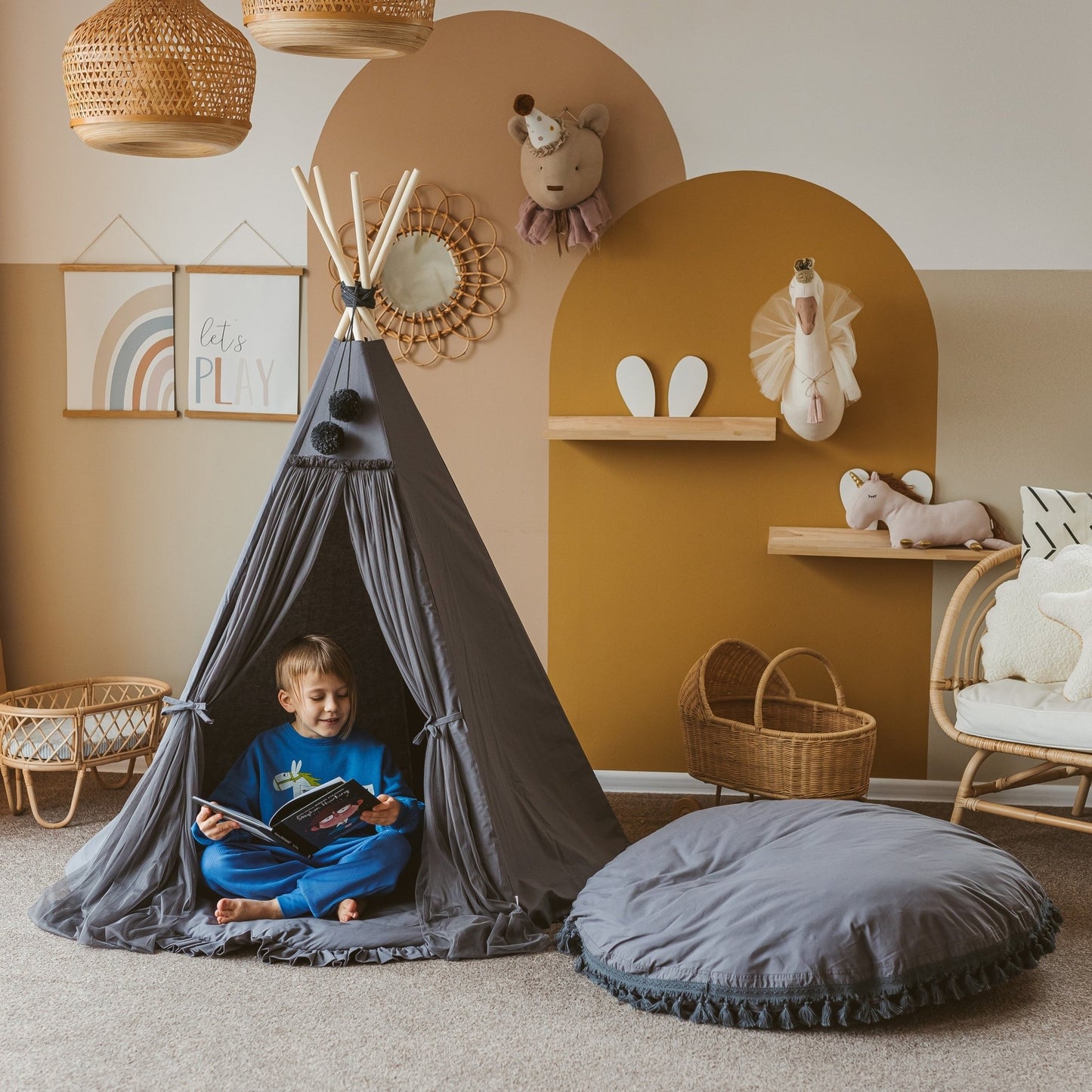 MINICAMP Large Floor Cushion With Tassels in Grey - Edie And I